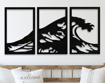 Beach Wall Art, Beach themed home decor, Wooden Wall, Triptych Wave Wall Art, Nautical Wall Decor, Wooden Wall Art, 3 Piece Ocean Wave