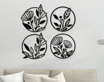 Floral Wall Art | Wooden Flower Circle Decor, Set of 4