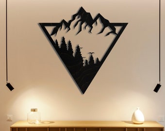 Mountain Wall Art, Tree and Mountain Wall Decor, Simplistic Nature Inspiried Art, Triangle Mountain, Large Wooden Wall Art, Geometric Art