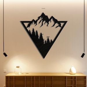 Mountain Wall Art, Tree and Mountain Wall Decor, Simplistic Nature Inspiried Art, Triangle Mountain, Large Wooden Wall Art, Geometric Art