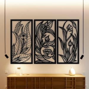 3 Panel Botanical Large Wood Wall Art, Set of 3 Wood Wall Decor, Statement piece for Above Couch or Behind Bed