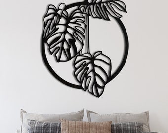 Arte mural de madera con hojas tropicales, arte mural con hojas de monstera, decoración mural grande con hojas tropicales, obra de arte con temática vegetal