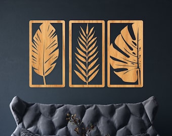 3 Panel Tropical Leaf Wood Wall Art: Botanical Decor