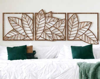 Makramee Blatt Wandbehang | Natur Wand Kunst | Hölzernes Blatt Triptychon-Wand-Dekor | Tropisches Blatt | Über Bett Wandkunst | Über die Couch