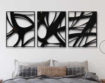 Muur decor hout abstract, groot boven het bed decor, houten abstracte panelen, moderne houten muur kunst, drieluik houten wandpanelen, woondecoratie