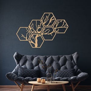 Hexagon Tree Wooden Wall Panels, Set of 6 Branch Art, Geometric Wood Wall Art, Wood Wall Decor, Wall Sign, Wood Wall Decoration