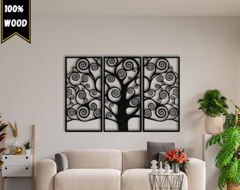 3D Wooden Tree of Life Wall Art, Swirl Triptych Decor