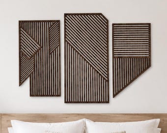 Modern Geometric Wood Wall Art Set, Art Deco Bedroom Decor, 3 Panel Abstract Living Room Decor
