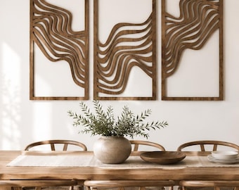 Modern Boho Wood Wall Art, Set Of 3 Geometric Panels with Wavy Design, Extra Large Living Room and Bedroom Wall Hanging