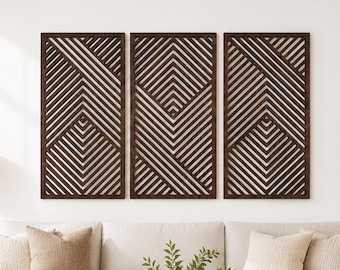 Art mural géométrique en bois, décoration abstraite moderne du milieu du siècle pour le salon et la chambre à coucher, grande pièce tendance à 3 panneaux,