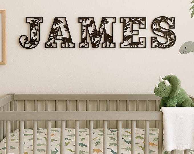 Dinosaur Kids Room Name Sign, Wood Name Sign, Nursery Wall Art, Play Room Wooden Letters
