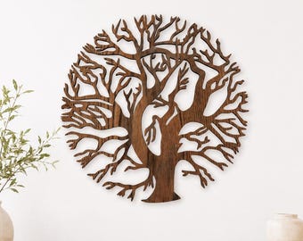 Tree of Life Wood Wall Art, Mid Century Circle Wooden Wall Decor, Round Tree Wall Hanging, Farmhouse Living Room Decor, Rustic Home Decor