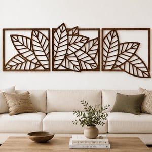 Decoración de pared moderna con forma de hoja / Arte mural de naturaleza / Decoración de pared con tríptico de hojas de madera / Hoja tropical / Arte mural para encima de la cama / Sobre el sofá