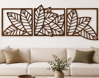 Modern Leaf Wall Hanging | Nature Wall Art | Wooden Leaf Triptych Wall Decor | Tropical Leaf | Above Bed Wall Art | Over the Couch