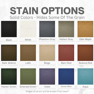 May include: A color chart displaying stain options for wood. The chart includes a variety of solid colors, such as black, white, gray, and shades of brown, red, green, blue, and purple. Text at the top reads "STAIN OPTIONS".