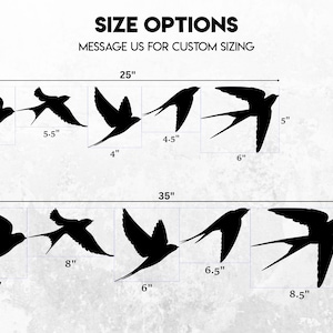May include: Black silhouette bird decals in various sizes, ranging from 4" to 8.5" in length, are displayed. The image includes text that reads "SIZE OPTIONS" and "MESSAGE US FOR CUSTOM SIZING".