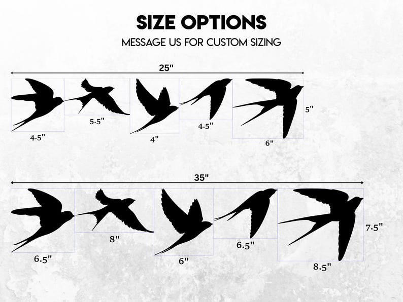 May include: Black silhouette bird decals in various sizes, ranging from 4" to 8.5" in length, are displayed. The image includes text that reads "SIZE OPTIONS" and "MESSAGE US FOR CUSTOM SIZING".