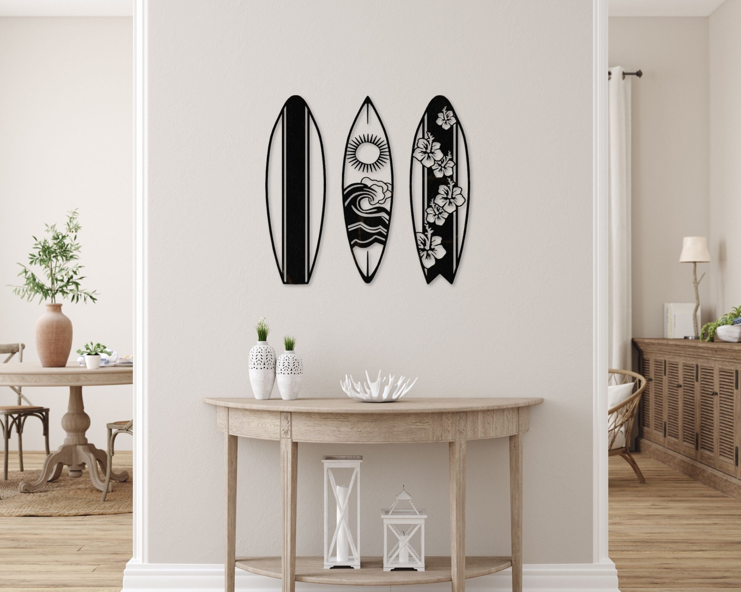 Beach House Wood Wall Art, Coastal Wooden Wall, Hawaiian Style Wooden Surfboard, Surfboard Decoration, Set of 3 Wooden Surfboards With Wave