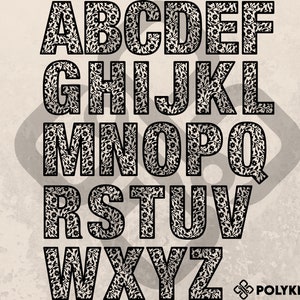 May include: Black and white alphabet with a floral pattern inside each letter. The letters are outlined in black and the background is a light beige.
