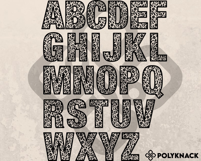 May include: Black and white alphabet with a floral pattern inside each letter. The letters are outlined in black and the background is a light beige.