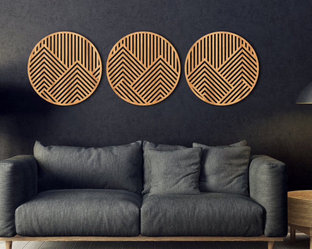 Mountain Wood Wall Art, Set of 3 Geometric Mountain Panels, Circle Wood