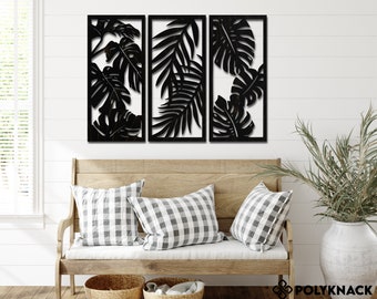 Monstera Wall Art, Boho wall decor, Triptych Tropical Leaves Wall Art, Over the Bed Wall Decor, Tropical Leaf Art, extra large, 3 Panel Wood