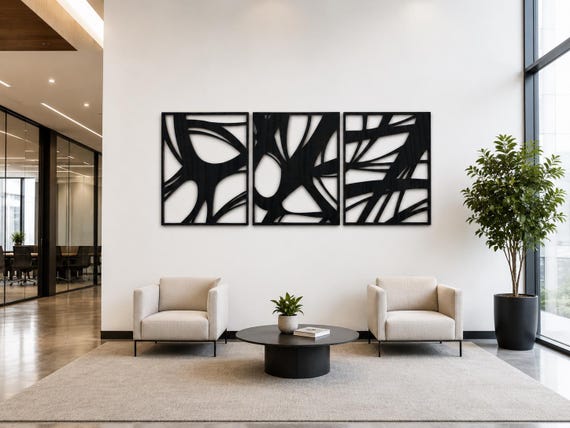 Abstract Wooden Living Room Wall Art, Set Of 3 Modern Geometric Design For Bedroom, Large Triptych Wall Art