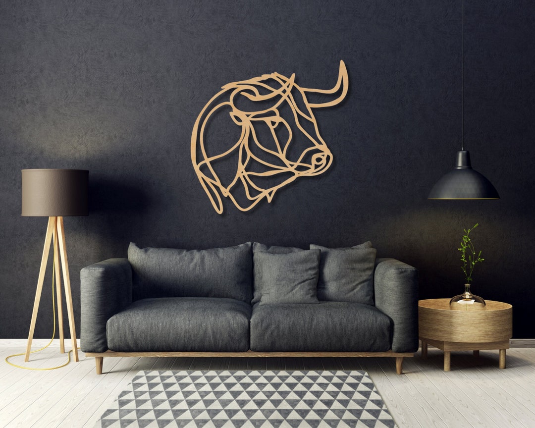 Bull Head Wooden Art Large Western Wall Decor Bull Head Line Etsy