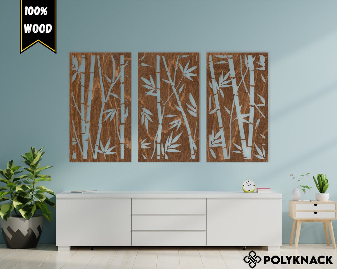 Triptych Bamboo Wall Art, 3 Panel Bedroom Decor Art, Large Wooden Wall