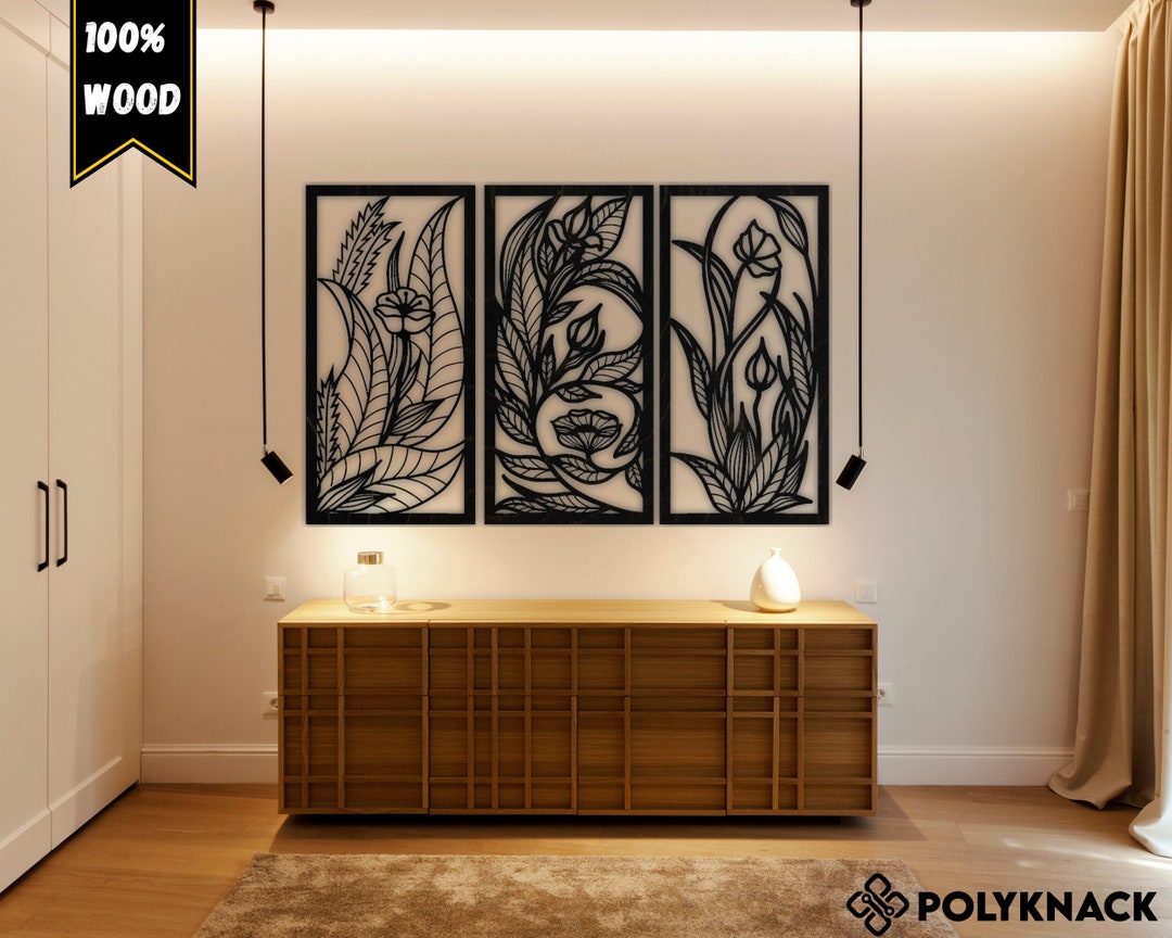3 Panel Botanical Large Wood Wall Art, Set of 3 Wood Wall Decor ...