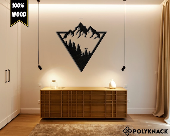 Mountain Wall Art, Tree and Mountain Wall Decor, Simplistic Nature Inspiried Art, Triangle Mountain, Large Wooden Wall Art, Geometric Art