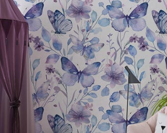 Watercolor Butterfly Wallpaper, Floral Peel and Stick Wall Mural