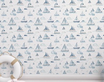 Sailboat Nursery Wallpaper, Blue Coastal Theme, Peel and Stick Mural