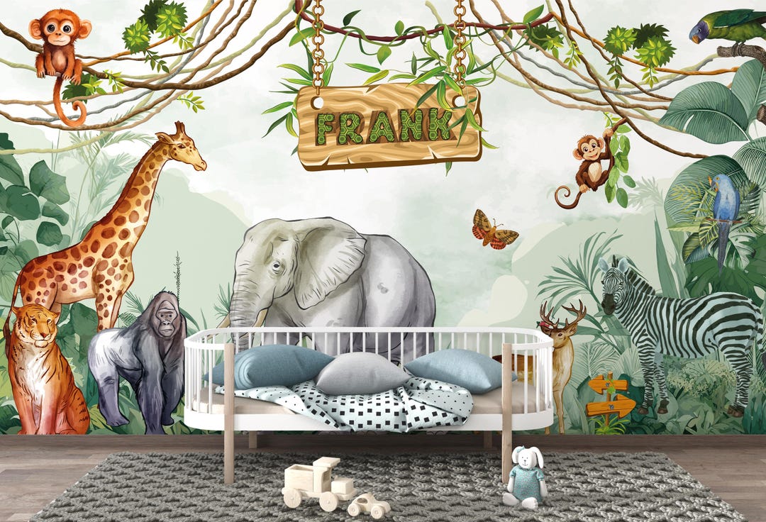 Personalized Jungle Animal Nursery Wallpaper, Peel and Stick Mural - Etsy