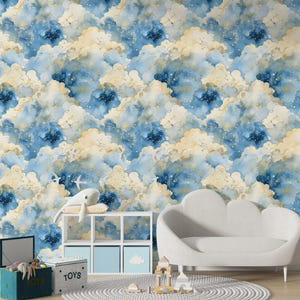 Celestial Cloud Peel and Stick Wallpaper For Nursery, Starry Sky Wall Mural With Constellations, Dreamy Galaxy Theme Baby Room Decor in Blue