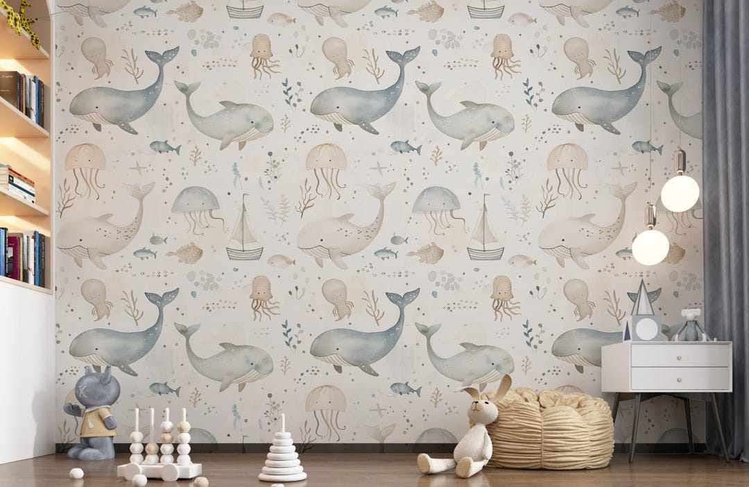 Whale Ocean Wallpaper, Nautical Nursery Wall Mural - Etsy