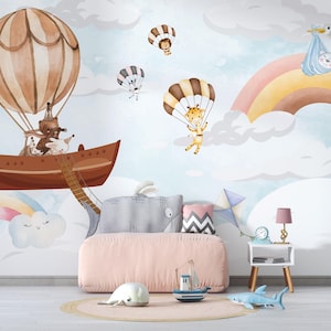 Sky Adventure Wall Mural – Hot Air Balloon and Parachuting Animals Wallpaper for Nursery and Kids Room – Pastel Cloud Peel and Stick Art