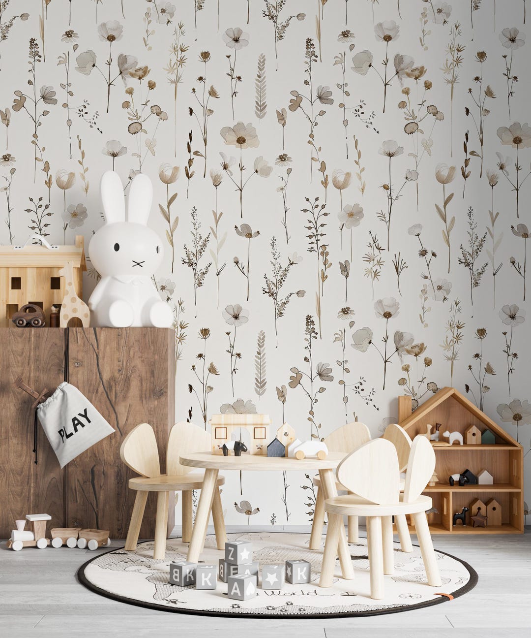 Neutral Floral Wallpaper, Boho Wildflower Wall Mural, Kids Nursery ...