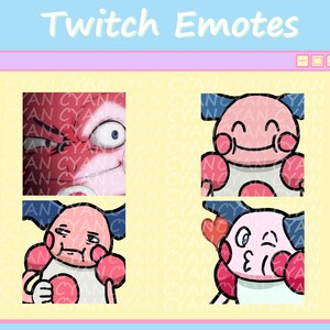 Könnte beinhalten: Vier Twitch-Emotes mit einem rosa und weißen Comic-Charakter mit blauen Haaren. Der Charakter hat verschiedene Gesichtsausdrücke, darunter Lächeln, Stirnrunzeln und Zwinkern. Die Emotes sind vor einem gelben Hintergrund mit einem rosa und weißen Rand angeordnet.