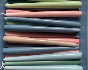 24 Imperfect Taper Candles: 10 Inch Tall Dinner Candles, Random Colors, Seconds