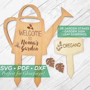 Puede incluir: Kit de artesanía de madera para hacer un letrero de bienvenida, estacas de jardín y pendientes de hojas. El letrero dice "Bienvenido al jardín de Nonna". Las estacas dicen "Orégano".