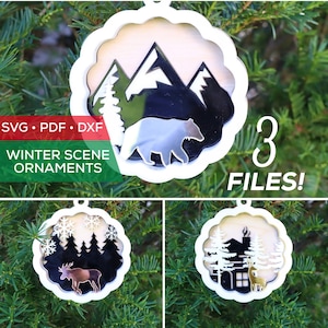 3D Layered Winter Scene Ornaments SVG - Christmas Ornament Files - Laser Files for Glowforge