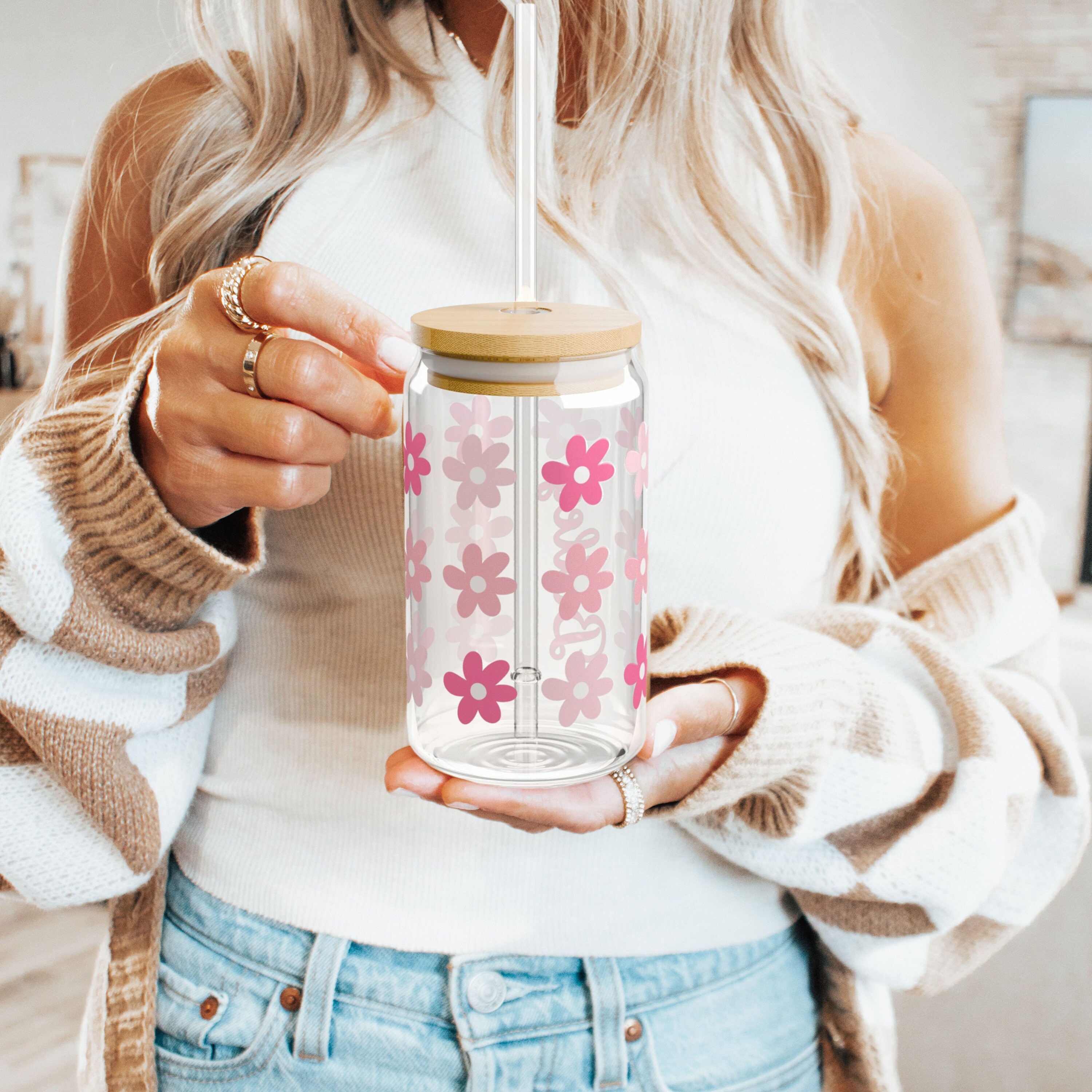 Custom Pink Floral Sipper Glass With Wood Lid, Iced Coffee Cup, Party ...
