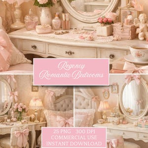 Puede incluir: Un collage de imágenes que muestran la decoración de un dormitorio romántico de estilo Regencia. Las imágenes presentan una cómoda con espejo, una cama con almohadas y otros elementos decorativos en tonos rosa pálido y blanco. El texto "Regency Romantic Bedrooms" es visible.