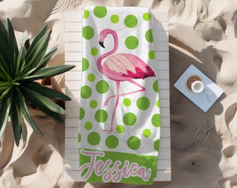Personalized Name Green Polka Dot Print Beach Towel Beach Lover Gift Custom Beachy Towel Pool Party Girly Daughter Pink Flamingo Custom Gift