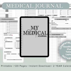 May include: A digital medical journal with a gray cover and the text "MY MEDICAL JOURNAL". The journal includes pages for appointments, vitamins, blood pressure, and glucose logs. Compatible with GoodNotes, iPad, Tablet, and Laptop.