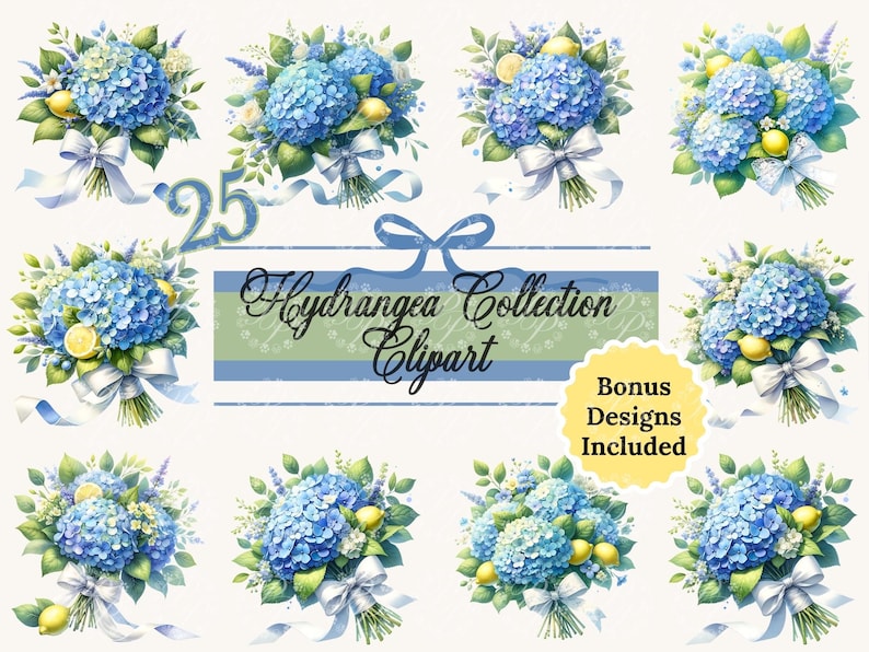 Blue Hydrangea Lemon Clipart Watercolor Floral Clip Art Flower Bouquet ...