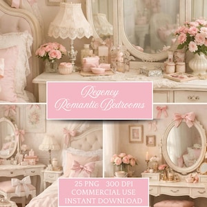 Puede incluir: Escena de dormitorio romántica en tonos rosa y blanco. La imagen presenta una cama con una almohada adornada con lazo, un tocador con espejo y arreglos florales. El texto en la imagen dice "Regency Romantic Bedrooms".