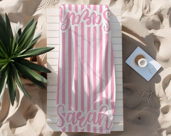 Personalized Name Pink Striped Beach Towel, Coquette Pink Lover, Beach Lover Gift, Custom Beachy towel, Girly Towel Pool Party Gift for Her