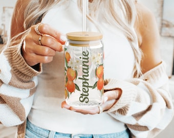 Vaso para beber con tapa de madera y diseño de naranjas personalizado, taza para café helado, regalo de fiesta, regalo de cumpleaños, regalo para hija, amante de la fruta, vaso para té helado